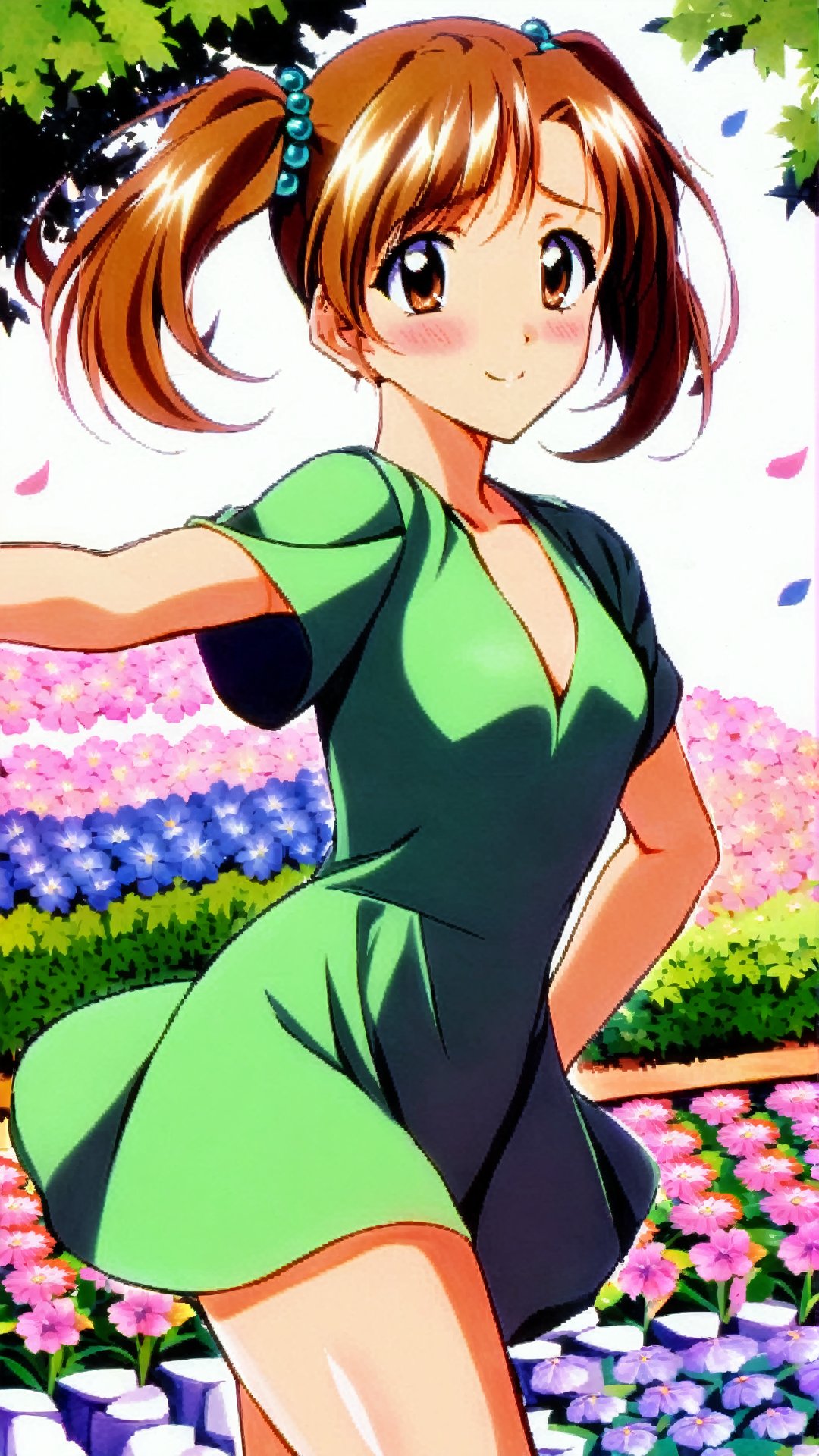 Nagakura Emiru, Brown Hair, Hair Beads, Twin Tails, Short Hair, Brown Eyes,summer dress, (nsfw), (uncensored), (score_9), score_8_up, score_7_up, score_6_up, score_5_up, source_anime, cowboy shot, dynamic pose, 1 girl, solo, happy smile joy, blush, ashamed, shy, sexy, charming, alluring, seductive, enchanting, erotic,((outdoors)), ((flower garden)), ((flowers)), ((many flowers)), spring petals, petals of flowers, spring, falling petals, flying butterflies<lora:EMS-381990-EMS:0.800000>