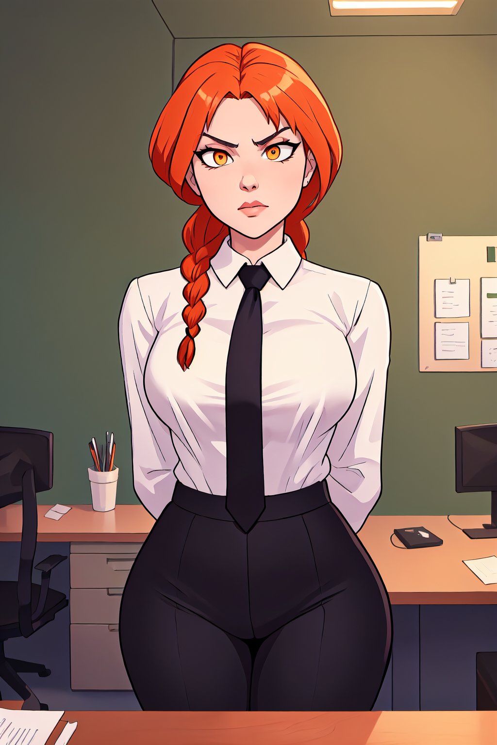 <lora:Makima:1>, makimav1, white collared shirt, black pants, black necktie, wide hips, arms behind back, serious, single braid, orange eyes, ringed eyes, looking at viewer, office background