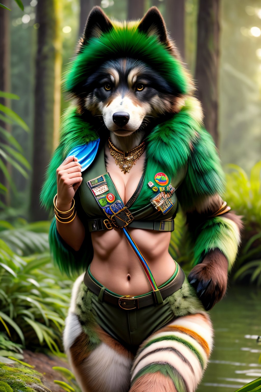 Masterpiece of photorealism, highly detailed 8k raw photo, volumetric lighting and shadows, full body view of a Girl Scout Green fur dgbll doing random stuff on a random stunning background, realistic fur texture <lora:A Random Humanized Dog v2.0:1>
