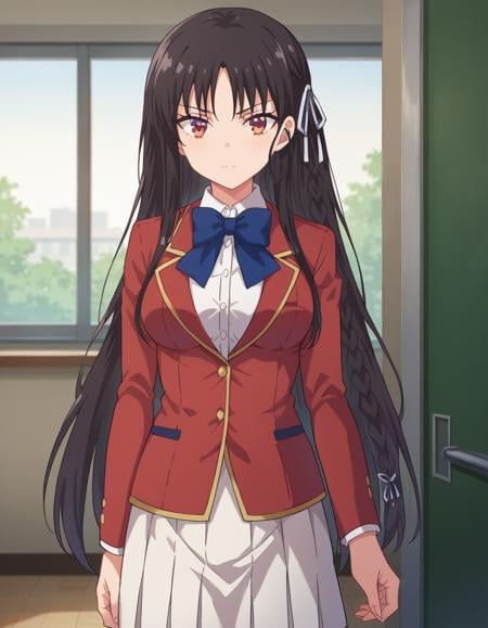 score_9, score_8_up, score_7_up, source_anime,suzunehorikita, <lora:suzune-horikita-ponyxl-lora-nochekaiser:1>,suzune horikita, long hair, black hair, red eyes, hair ribbon, braid,bow, school uniform, jacket, bowtie, blue bowtie, blazer, red blazer, skirt, white skirt,indoors, classroom, hallway,looking at viewer, cowboy shot, dutch angle,