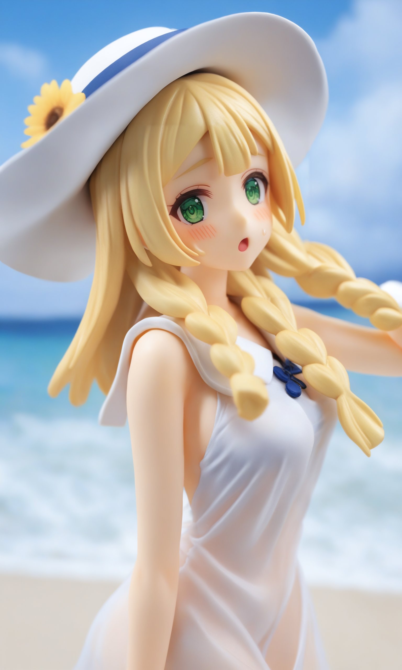 figure,masterpiece,best quality,<lora:lillie_(pokemon):1>,collared_dress, highres, solo, cloud, 1girl, sun_hat, outdoors, sundress, twin_braids, white_headwear, blush, arm_up, open_mouth, eyelashes, see-through, white_dress, looking_at_viewer, sweat, :o, lillie_\(pokemon\), day, commentary_request, sleeveless_dress, comic, sky