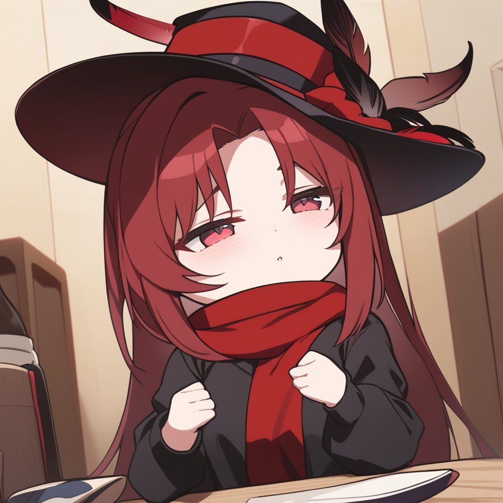 masterpiece, best quality, <lora:JXXLV1-000062:1>  1girl, red hair, hat, hat feather, red scarf, chibi, teriteri, 