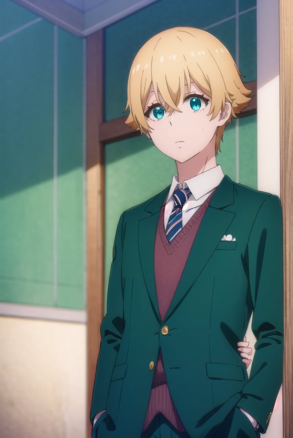 kousukemisaki, <lora:kousuke misaki s1-lora-nochekaiser:1>,kousuke misaki, short hair, blue eyes, blonde hair, hair between eyes, male focus,BREAK shirt, long sleeves, school uniform, jacket, white shirt, open clothes, necktie, collared shirt, pants, open jacket, black pants, blazer, red necktie, (green jacket:1.5), brown pants,BREAK indoors, classroom,BREAK looking at viewer, (cowboy shot:1.5),BREAK <lyco:GoodHands-beta2:1>, (masterpiece:1.2), best quality, high resolution, unity 8k wallpaper, (illustration:0.8), (beautiful detailed eyes:1.6), extremely detailed face, perfect lighting, extremely detailed CG, (perfect hands, perfect anatomy),