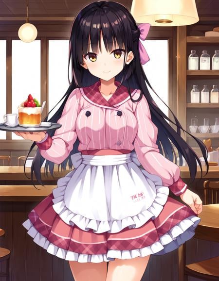 score_9, score_8_up, score_7_up, source_anime,pinup of 1girl, solo, in cafe, cowboy shot,  indoors, standing, holding tray, smile, skntm, long hair, black hair,  hair bow, ribbon, bangs, blunt ends,  yellow eyes,  medium breasts, waitress,  pink shirt, striped shirt, vertical stripes, plaid sailor collar,  pink miniskirt, pleated skirt, pink plaid skirt, thighs,  long sleeves, puffy sleeves,  waist apron, white frilled apron,  <lora:ShikiNatsume_pony_v1r:0.8>