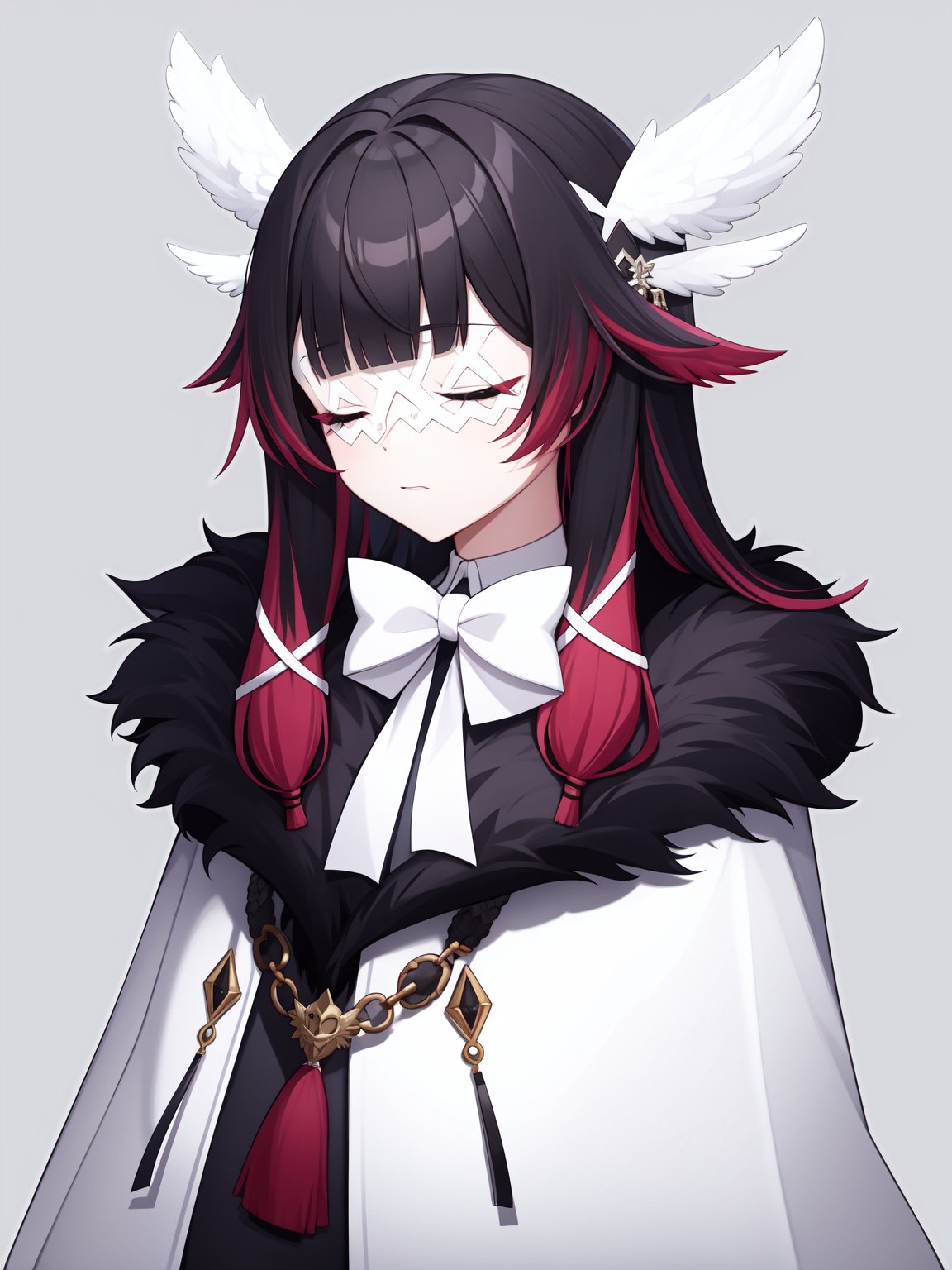 <lora:shaonv-000016:0.9>,shaonv,multicolored hair,closed eyes,fur trim,eye mask,black hair,white bow,fur-trimmed coat,simple background,pink hair,hair ornament,ribbon,coat,two-tone hair,white mask,blunt bangs,white head wings,, 1girl,,  (masterpiece,best quality:1.2),absurdres