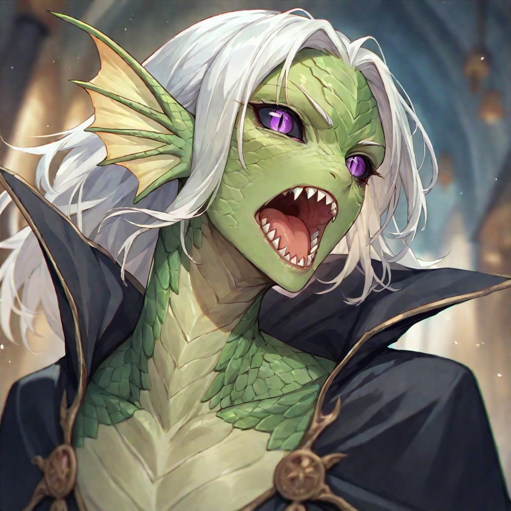 score_9, score_8_up, score_7_up, Yuan-ti, black sclera, slit pupils, scales, head fins, 1girl, purple eyes, green skin, green scales, open mouth, sharp teeth,  long white hair, black cloak, fantasy background, blurred background <lora:Yuan-tiFantasyDND:1> 