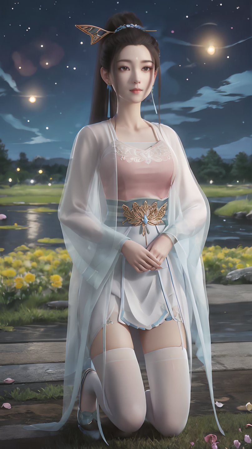 yyr,1girl,solo,long hair,ponytail,dress,brown hair,white thighhighs,flower,long sleeves,chinese clothes,black hair,hair ornament,wide sleeves,see-through,realistic,closed mouth,breasts,very long hair,high ponytail,night,petals,skirt,earrings,(flower field:1.3),(tanono:1.3),starry_sky,(river:1.2),waterfall,rock,shoes,mizu,rose petals,cowboy shot,kneeling,