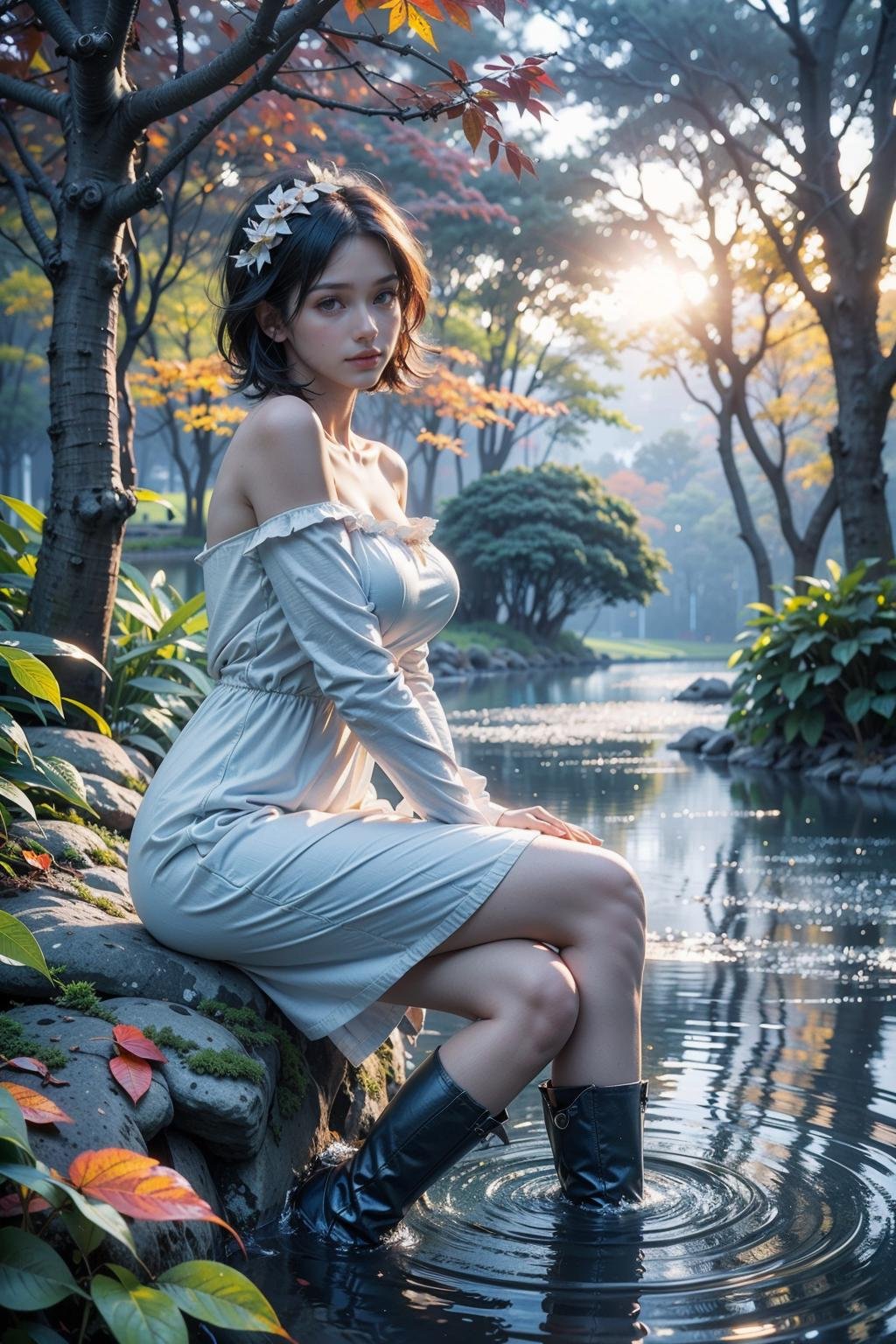 Best quality,masterpiece,ultra high res,1girl,water,solo,tree,rock,boots,leaf,sitting,dress,outdoors,detached sleeves,black hair,sunlight,reflection,white dress,breasts,short hair,sky,sun,hair ornament,autumn leaves,bare shoulders,day,norfleet,rain,<lora:bf4-000008:0.7>,