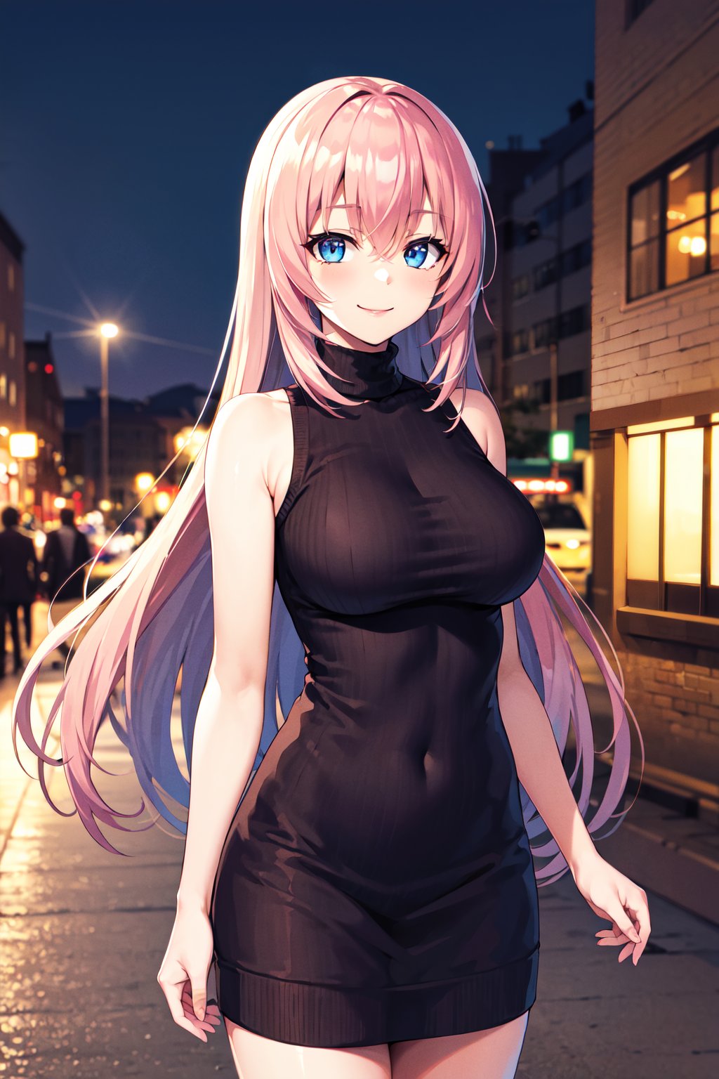 masterpiece, best quality, highres, aahonami, long hair, pink hair, blue eyes,  <lora:ichinose_honami_v1:0.7>, sweater dress, turtleneck, sleeveless, night, street, smile, standing, cowboy shot, 