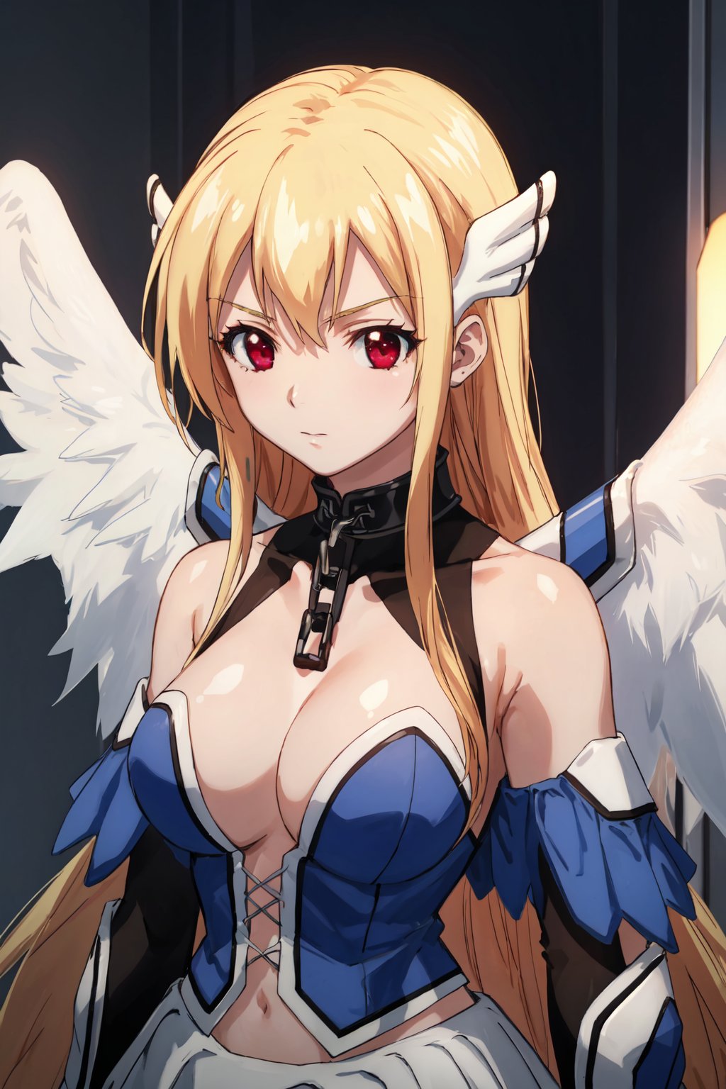 <lora:Astraea-000009:0.8>,Astraea CYQL,1girl,looking at viewer,solo,blonde hair,long hair,very long hair,red eyes,collar,chain,breasts,wings,angel wings,head wings,armor,bare shoulders,smug,portrait,masterpiece,best quality,beautiful and aesthetic,contrapposto,female focus,wallpaper,