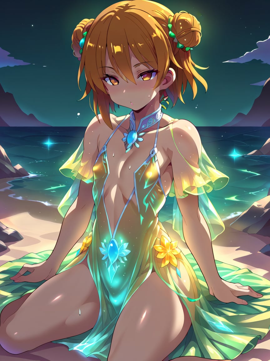 score_9, score_8_up, score_7_up, best quality, masterpiece, 4k, uncensored, perfect lighting, rating_explicit, very aesthetic, anime BREAKbeautiful woman wearing a yellow bioluminescent dress, <lora:bioluminescent_dress-PD-1.0:1>,copper hair Side Bun,flat chest,konno_tohiro,(white sand beach),oblique angle,sitting,loving