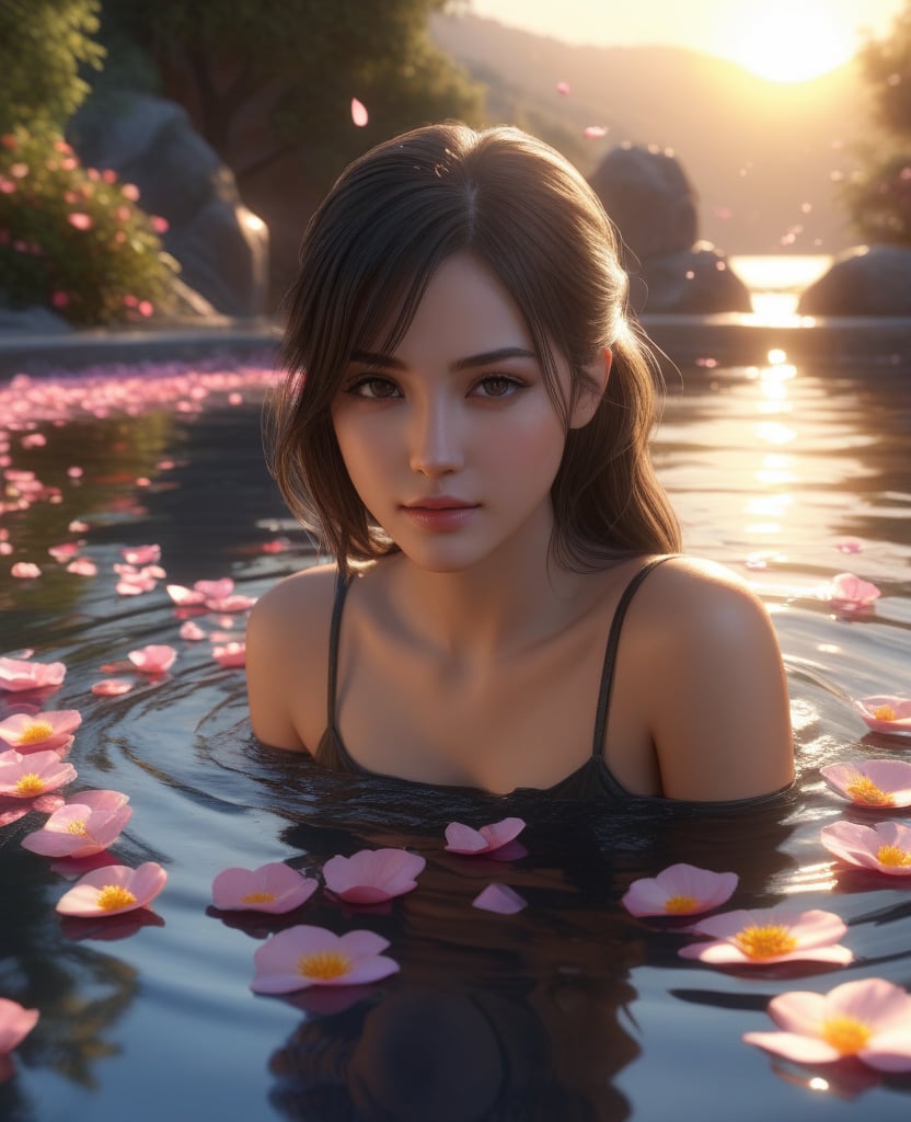 (,1girl, ,best quality, )masterpiece, fantasy, realistic,science fiction,mole, ultra realistic 8k cg, ,tamari \(flawless\),  ,outdoors, sunset,sunlight, petals on liquid,      (()), (()),