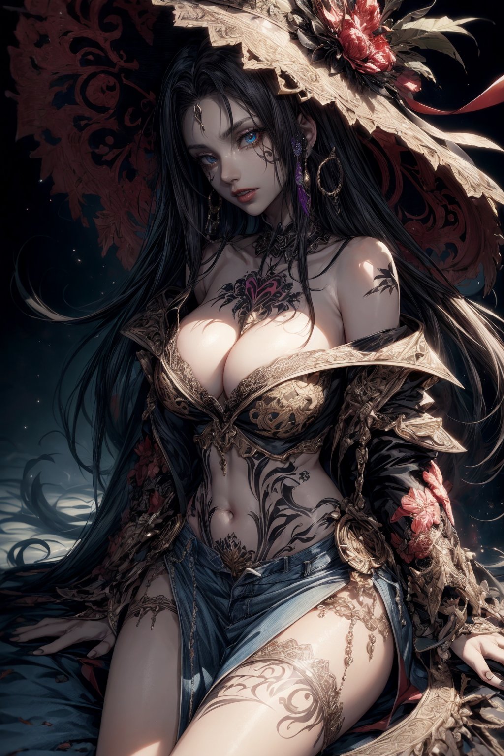 (((Masterpiece,  Top Quality,  High Resolution))),  8k,  Breaking. cruel cosmic fallen demon,  cruel,  evil,  detailed eyes:1.3,  Breaking,  detailed face:1.3,  accessories,  (full body tribal tattoo),  super detailed design jackete-on off shoulder,  D cup cleavage,  denim mini skirt break,  bioluminescence,  creepy,  Re, .HELL SENT,  very bright color,  light particles:1.2,  with shining light,  Mshiff,  wallpaper art,  UHD wallpaper,  cowboy shot, ,  evil glow,  evil laugh, . Kiana Kasrana, YAMATO, rolopekka, noelledef, outfit-km, purple dress, yaemikodef, monadef, kamisatoyakadef, alexia_olis, arlecchino, phlg,<lora:EMS-179-EMS:0.500000>,<lora:EMS-1093-EMS:0.500000>,<lora:EMS-63140-EMS:0.800000>