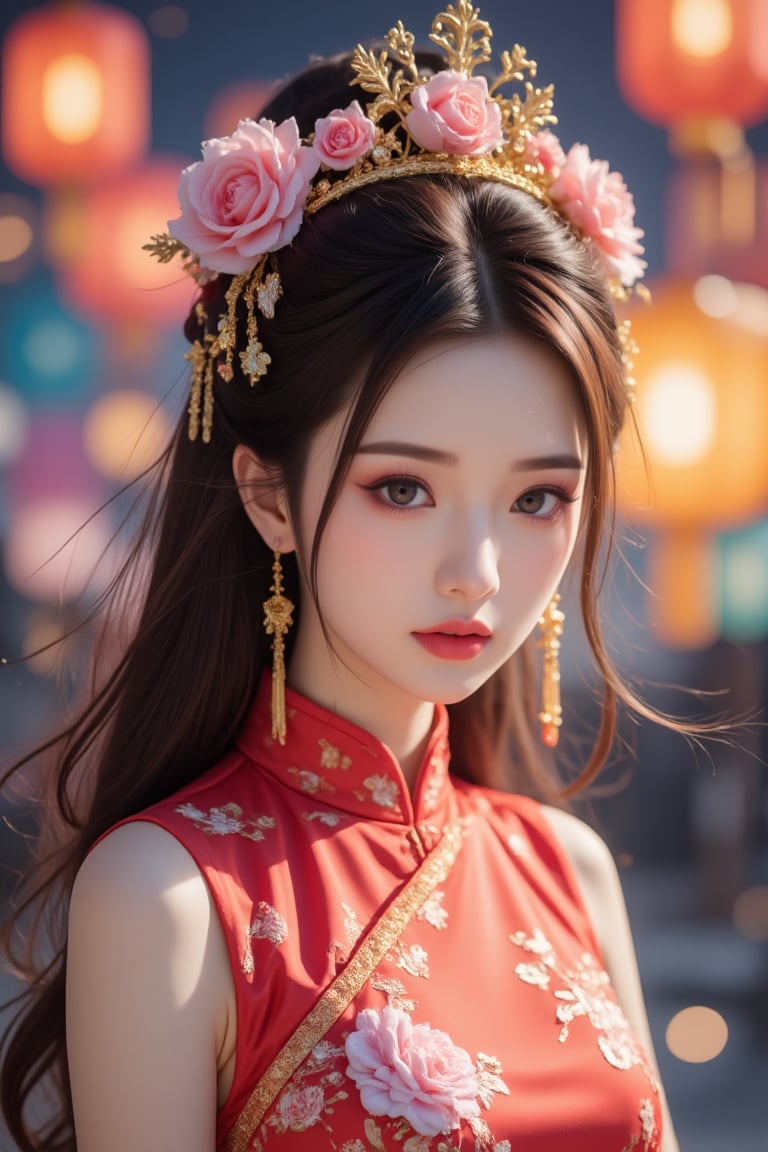 anime style,a young woman wearing a cheongsam,close up of upper body,she has long brown hair styled in loose curls and is wearing a gold tiara with pink flowers on top,the tiara is adorned with gold tassels and earrings,slight smiling and looking at the camera,the background is blurred,she is standing in front of a background of colorful balloons and lanterns,summer night,(a Curvy Moon),traditional chinese architecture,<lora:极品超模V8_2.0:0.8>