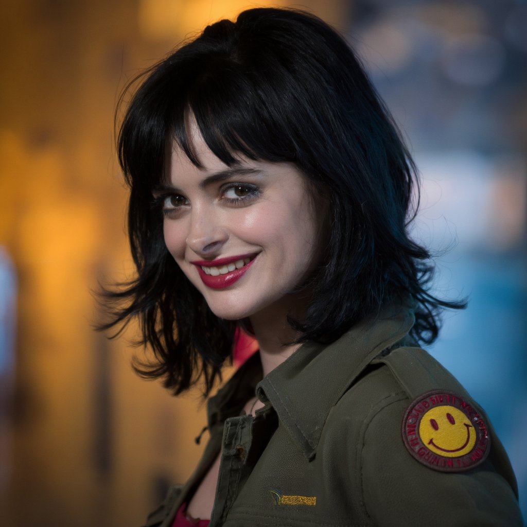 A portrait of krysten_ritter, captured in a dramatic and intense style. She wears a green military-style jacket with patches and a smiley face emblem on the left side. Her dark hair falls over her shoulders, and she gazes directly at the camera with a focused expression. The background is a blend of warm and cool colors, with a bokeh effect that suggests a nighttime setting. The overall color palette is dominated by earthy tones, with the green of her jacket contrasting against the cooler tones of the surroundings.