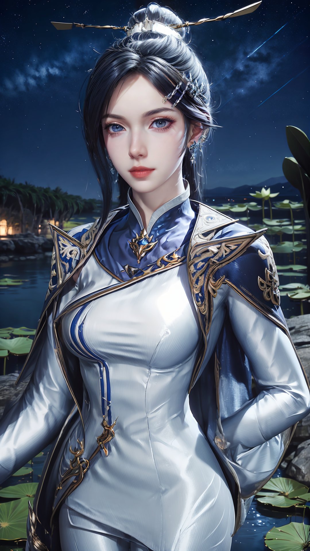 masterpiece,best quality,official art,extremely detailed CG unity 8k wallpaper,realistic,light rays,light particles,1girl,solo,hand_on_hip,fur_trim,thighhighs,midriff,breasts,navel,standing,boots,jewelry,cleavage,medium chest,blue theme,scenery,reflection,outdoors,(lotus leaf:1.1),(lotus:1.1),lake water,blue sky,white cloud,waterfall,long_hair,earrings,hair_ornament,dynamic pose,looking at viewer,