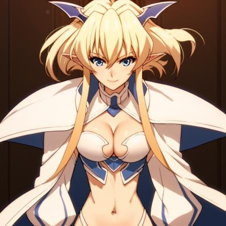 score_9, score_8_up, score_7_up, score_6_up, score_5_up, score_4_up, source_anime, , Wratten, blonde hair, blue eyes, short hair, pointy ears, navel, cleavage,  , soft smile, portrait