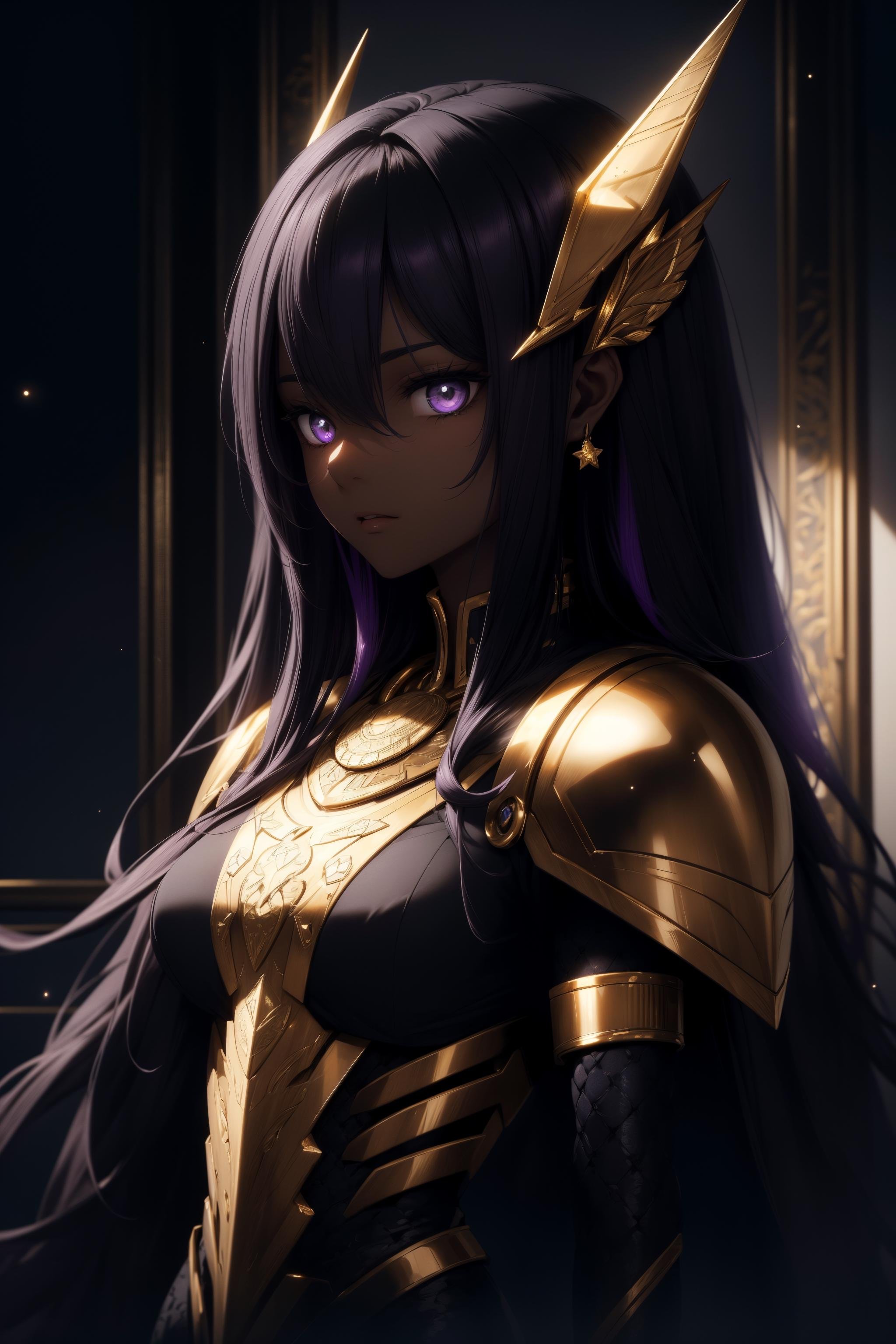 ((masterpiece)), ((best quality)), (ultra-detailed), ((extremely detailed cg)), ((an extremely delicate)), (perfect lighting), ((8k)), (dynamic angle), (sharp image), 《masterpiece》, 《best quality》, 《ultra-detailed》, 1girl, cool, Glowing purple eyes, '((dark skin))', egyptian, egyptian style, exotic, black hair, Augmented cyborg, fused with King Cobra, king cobra motif, poisonous, '((dripping black venom))', '((purple and gold metal exoskeleton))', Darkness, Black venom drips from her hands, 《upper body angle》, long hair, purple hair, streaked hair, purple eyes, star-shaped pupils, hair ornament