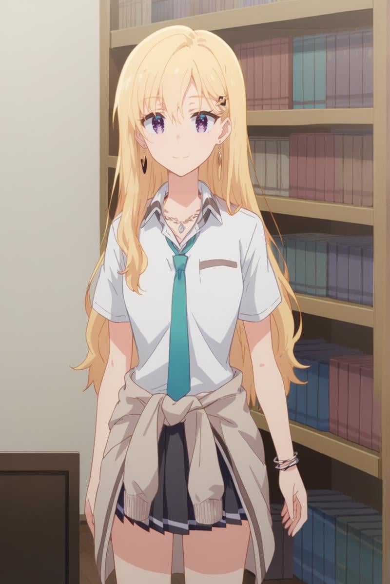 score_9, score_8_up, score_7_up, score_6_up, score_5_up, score_4_up, BREAK source_anime, 1girl, solo,<lora:AyaseSakiXL-v1-07:0.8>, ChopioAyase, long hair, blonde hair, shiny hair, hair between eyes, purple eyes, highly detailed eyes, hair clip,earrings, bracelet, necklace, straight hair,outfit_3, white shirt, short sleeves, collared shirt, aqua necktie, pleated skirt, black skirt, cardigan around waist, black socks, kneehighs,bedroom, bookshelf, standing, smile,