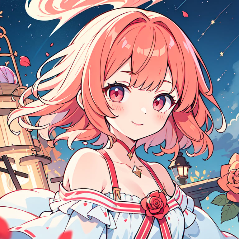 1girl,(hime cut,asymmetric bangs,messy hair,(red pink orange hair, )),pink glowing eyes,smile,short hair,blue sky,<lora:standingFullBodyWithBackgroundStyle_v10Offset（立绘法:1>,blue inside hair,white off shoulder dress,((rose)), (vine), cage, bandage, red rope, (detail light), falling rose petals,(starry tornado:1.4), starry Nebula, beautiful detailed sky,, fcportrait, masterpiece, best quality,