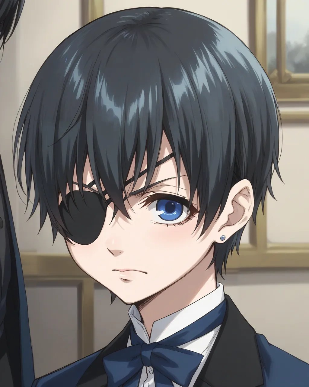 score_9,score_8_up,score_7_up,best quality, 4k, rating_safe, very aesthetic, source_anime,embarrass,room,<lora:Ciel_Phantomhive:0.9>, Ciel_PhantomhiveAA,1boy,blue eyes,black hair,short hair,eyepatch,suit,earrings, upper body,dynamic angle,,