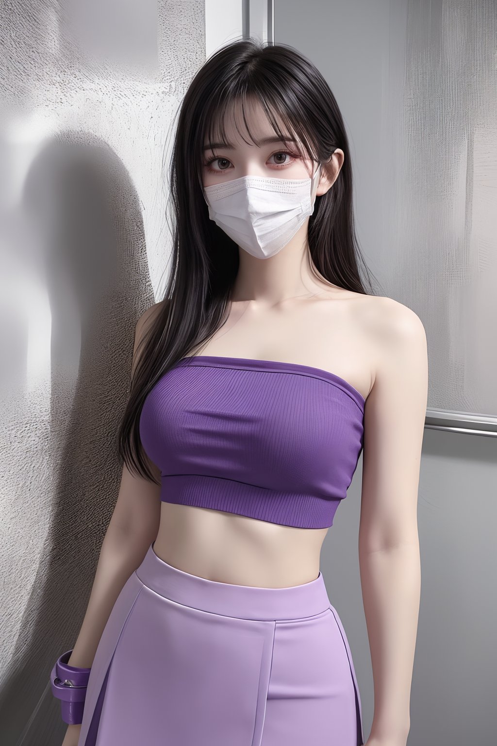 1girl, bangs, bare shoulders, black hair, black skirt, covered mouth, gas mask, long hair, mask, midriff, mouth mask, nail polish, pencil skirt, purple nails, purple skirt, skirt, solo, surgical mask, tape gag  <lora:口罩:0.8>