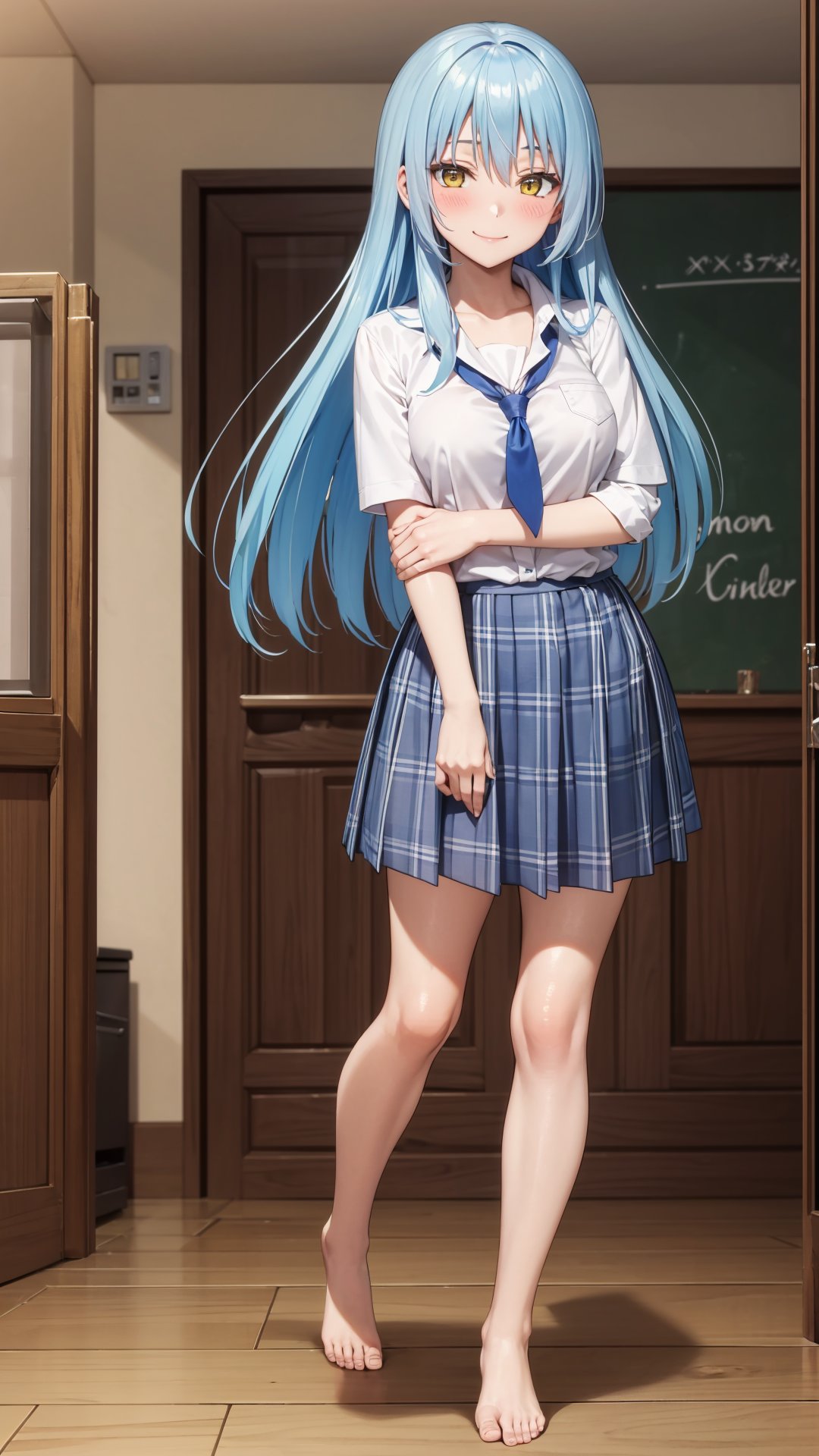 (masterpiece, best quality), ray tracing, absurdres, HDR, 1girl, , , bangs, rimuru tempest, blue hair, , yellow eyes, breasts, ,, long hair , , blush, shirt, school uniform, plaid skirt, ,, , hair between eyes,, , solo,indoors, liviroom, standing , ,, barefoot, looking at viewer, blush,smile,,,,full body,<lora:rimuru famale:0.7>