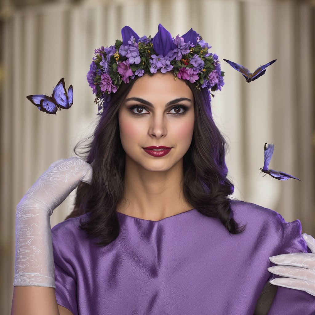 morena_baccarin, A woman is wearing a purple dress and white gloves. She has long dark hair and a purple flower crown on her head. There are purple butterflies flying around her. 