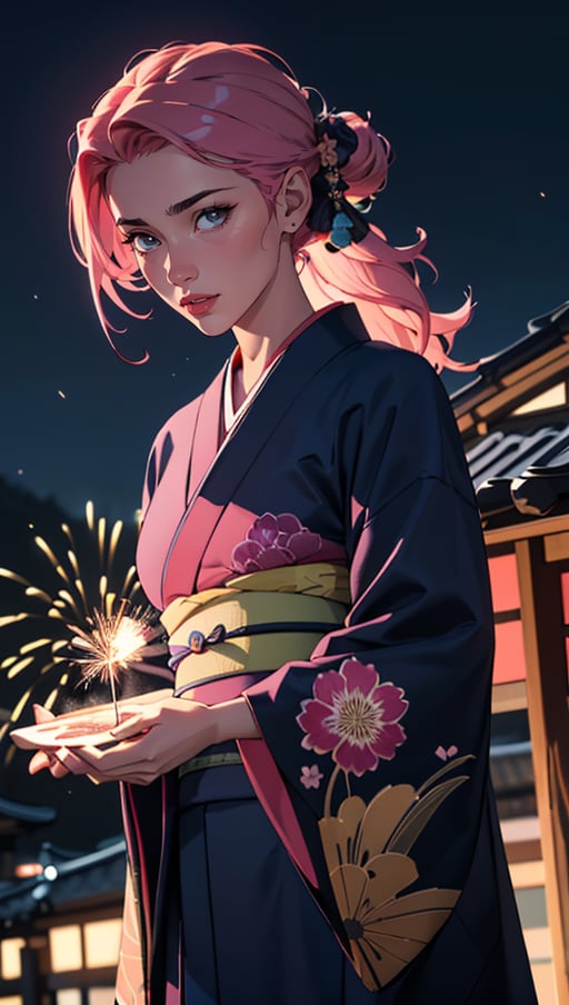 (best quality, masterpiece, colorful, dynamic angle, highest detailed) Realistic photo, fashion photography of a cute European girl with iridiscent pink hair, flirting with POV, in traditional japanese gold&black kimono, ultra detailed kimono textures, perfect night, kyoto, fireworks, (intricate details, hyperdetailed:1.15), detailed, moonlight passing through hair, (official art, extreme detailed, highest detailed), HDR+