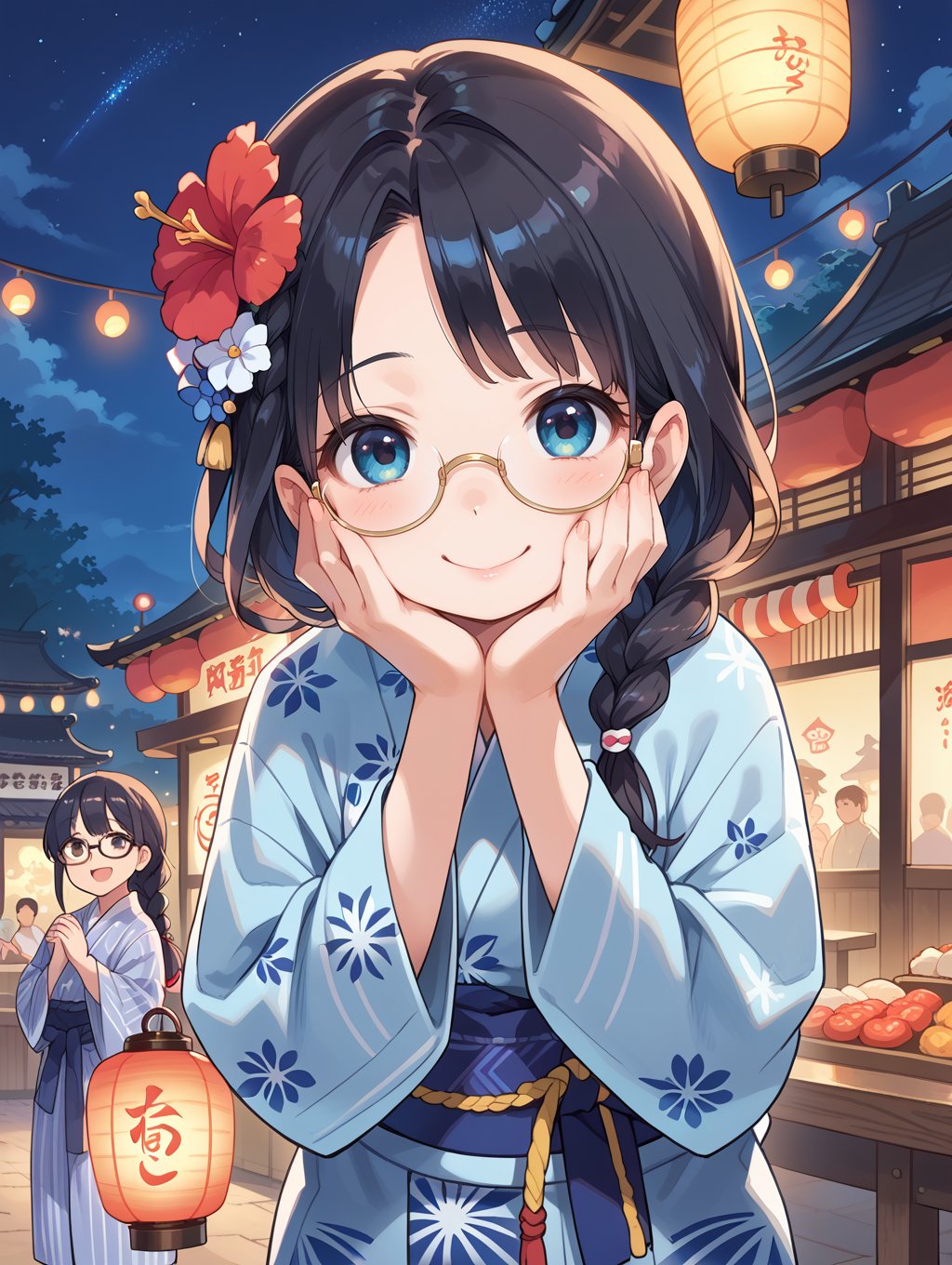 score_9, score_8_up, score_7_up,source_anime,BREAK1girl, glasses, black hair, long hair, braid, hair flower, yukata, blue yukata, happy, smile, looking at viewer, upper body, face focus, own hands together, hands on cheek, omatsuri, food stand, night, sky, japanese clothes, paper lantern, festival, outdoors, night sky, crowd,