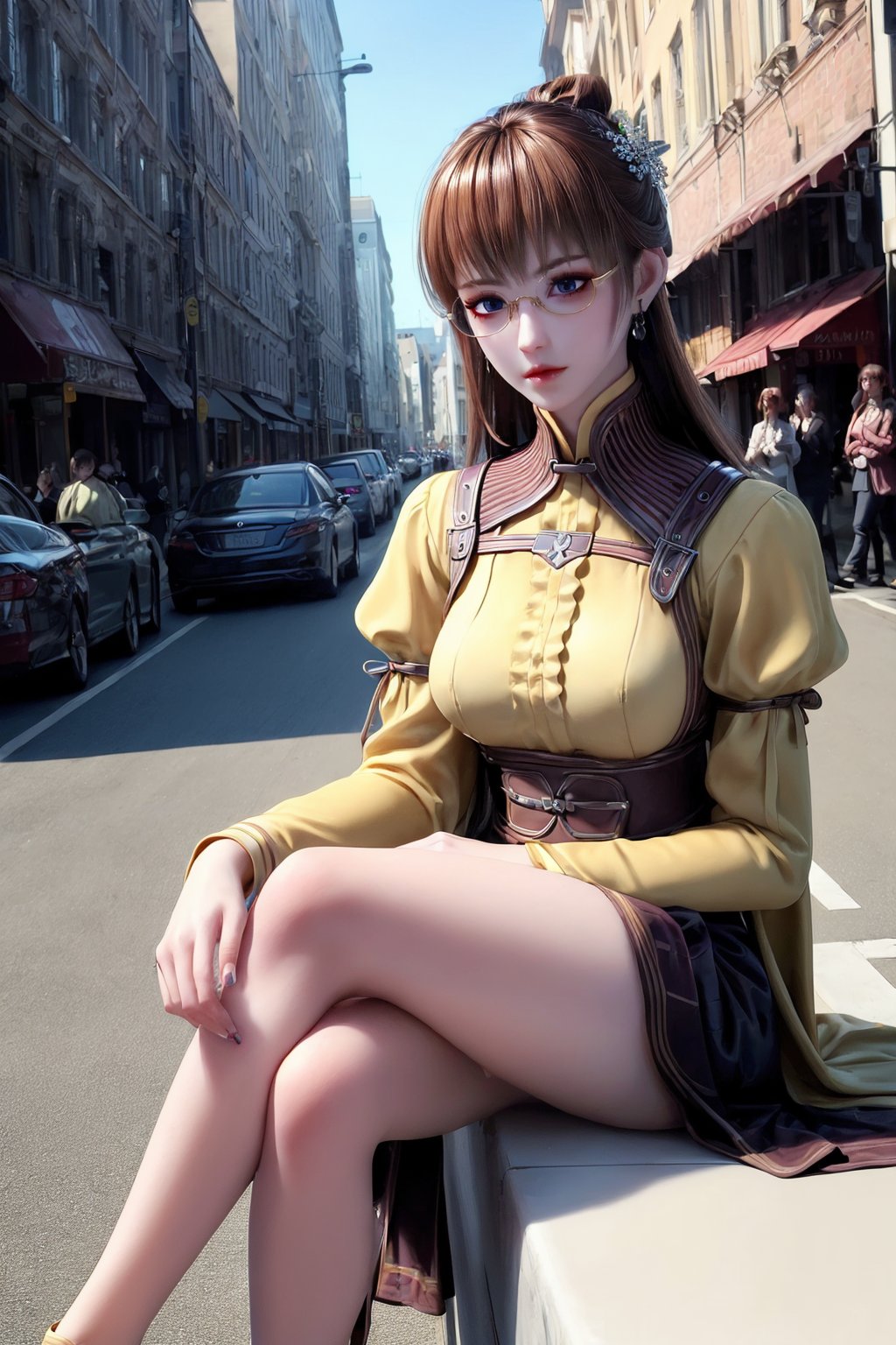 (8k, RAW photo, best_quality),(highly_detailed),(masterpiece:1.2),(ultra-detailed),(extremely_detailed_cg_8k_wallpaper),(realistic:1.2),(photorealistic:1.3),(scenery, city, street, audience, crosswalk, outdoors),<lora:syqiangk_加强_殷C薇_C9_5.2:0.8>,1girl, solo, glasses, blue_eyes, brown_hair, long_hair, hair_ornament, bangs, hair_bun, eyeshadow, eyelashes,  jewelry, earrings, makeup,white_legwear,fingernails,  (perfect_finger),medium_shot,(texture_skin:1.3),(shiny_skin:1.4),<lora:add_detail:0.8>, sitting, (crossed_legs), dress, chinese_clothes, long_sleeves, detached_sleeves, wide_sleeves,  hanfu, looking_at_viewer