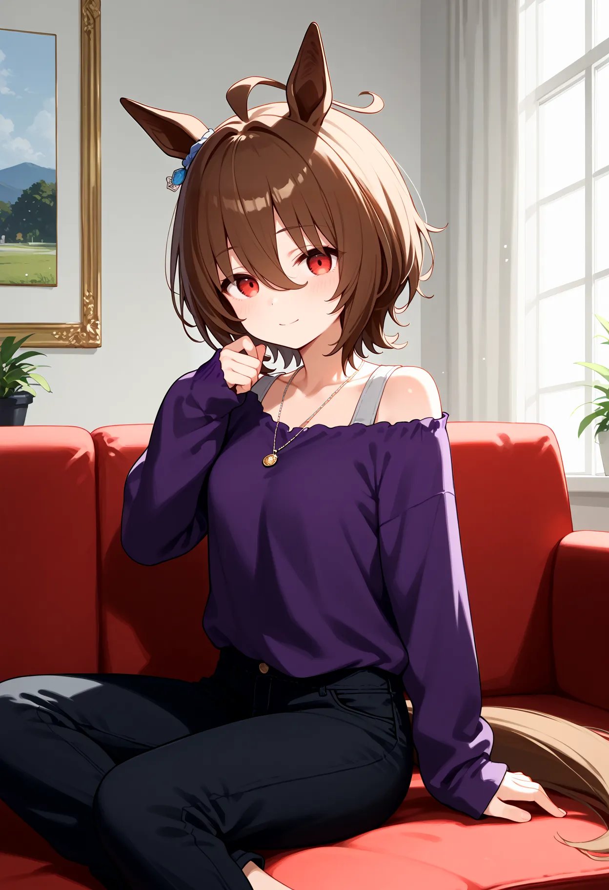 score_9, score_8_up, score_7_up, BREAK, best quality, masterpiece, very aesthetic, ultra detailed,very detailed background,BREAK,,zPDXL3,Tachyon_Casual, 1girl,solo, horse ears, horse tail, short hair, bangs, brown hair, ahoge, red eyes, hair between eyes,empty eyes,off shoulder, gray pumps, sleeves past wrists, black pants, casual, purple shirt,necklace <lyco:Agnes_Tachyon-ponyXL_locon-000010:0.9>,apartment,sofa,sitting,light smile