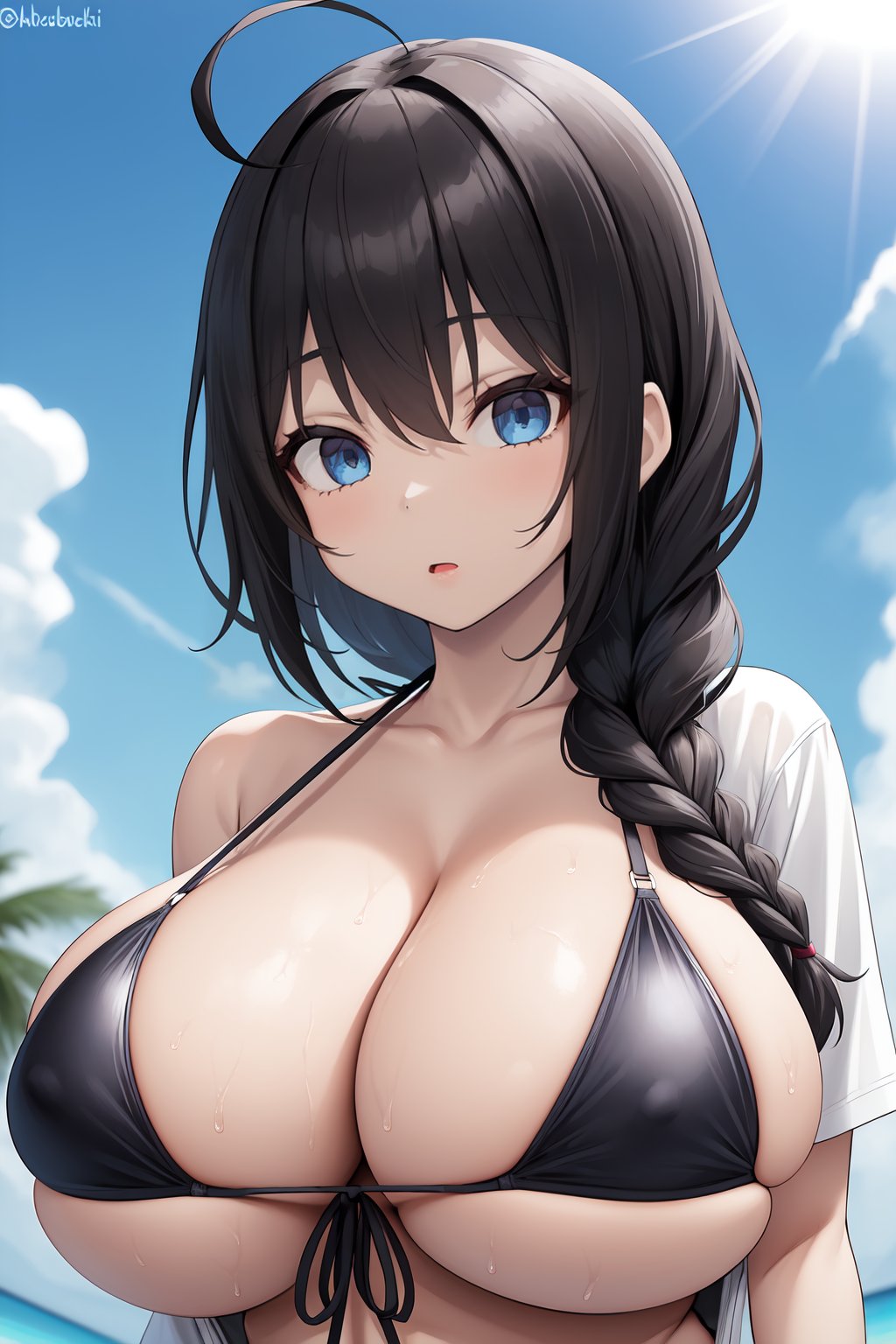 1girl, gigantic breasts, ahoge, artist name, bikini, bikini under clothes, black hair, blue eyes, braid, breasts, front-tie bikini top, front-tie top, hair flaps, hair over shoulder, medium breasts, shirt, single braid, solo, swimsuit, t-shirt, twitter username, upper body, white shirt, 