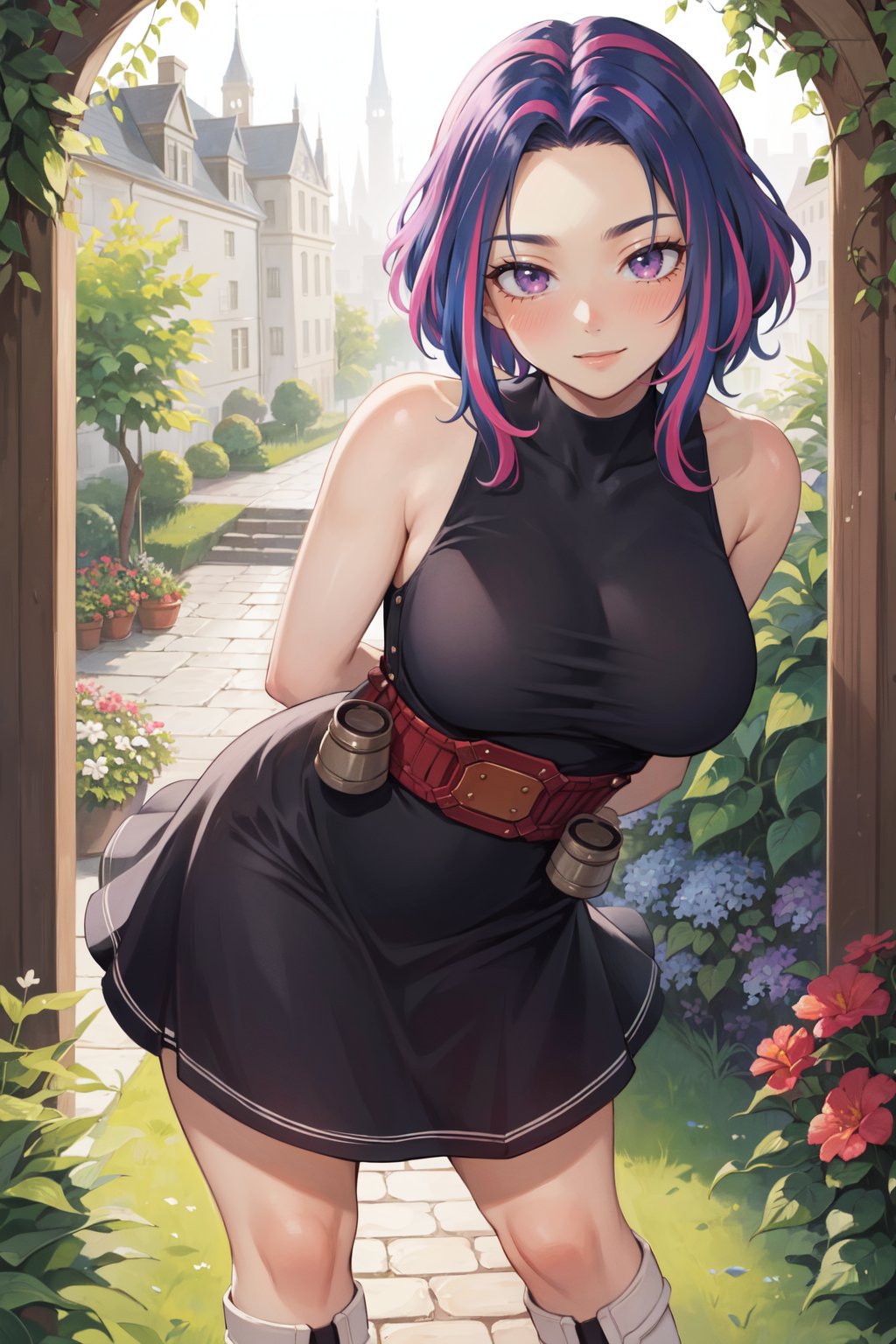 (best quality, ultra detailed), ((full-face blush)), (detailed background:1.2), (perfect face, detailed face), looking at viewer, (mature female:1.4), smile<lora:lady_nagant:0.9> lady_nagant, large breasts, short hair, sleeveless, streaked hair, bare shoulders, medium hair, belt, dress, pink hair, boots(garden, outdoors, standing, arms behind back, leaning forward, )   