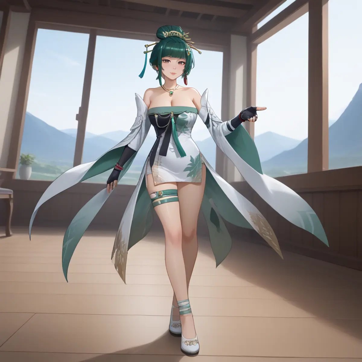 1girl, solo, Hanying, green hair, single hair bun, hair stick, hair ornament, necklace, strapless dress, white dress, cleavage, detached sleeves, fingerless gloves, leg lift , full body, thigh strap, skindentation, indoors, teahouse, window, mountains <lora:SDXL_Hyper:1> <lora:STFD_P:1> <lora:hanying-pdxl-nvwls-v1:1>