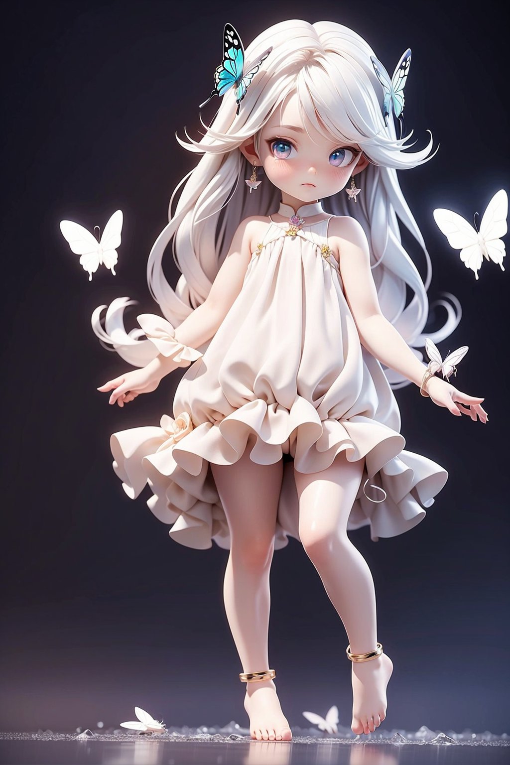 1girl, solo, long hair, butterfly, white hair, hair ornament, dress, barefoot, jewelry, blue butterfly, blue eyes, earrings, full body, flower, Simple background