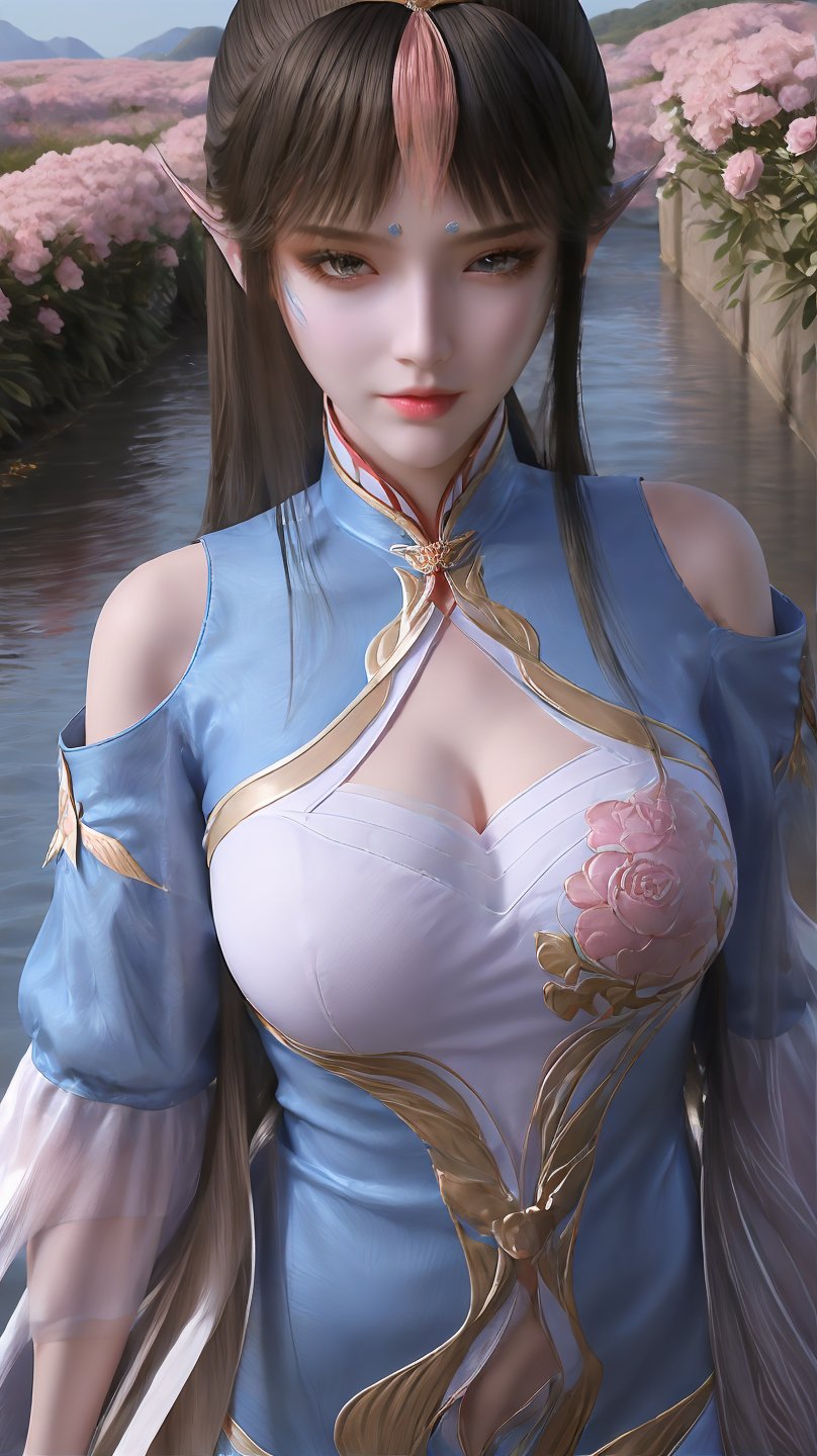 fqr,1girl,solo,upper body,blue chinese clothes,black hair,long hair,clothing cutout,cleavage cutout,looking at viewer,breasts,white long sleeved,closed mouth,forehead jewel,long sleeves,shoulder cutout,facial mark,realistic,flower field,sky,river,mizu,large breasts,white bra,,,pink_theme,<lora:QYpifuV1:1>,<lora:玫瑰花场景-王导:0.6>