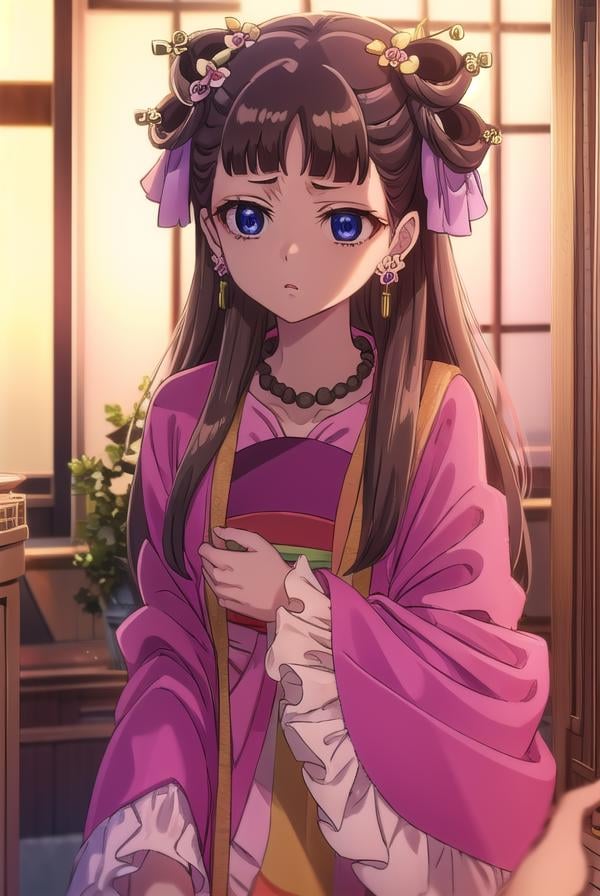 lishu, <lora:lishu s1-lora-nochekaiser:1>,lishu, long hair, brown hair, hair ornament, (purple eyes:1.1), tiara,BREAK jewelry, earrings, necklace, chinese clothes, hanfu,BREAK indoors,BREAK looking at viewer, (cowboy shot:1.5),BREAK <lyco:GoodHands-beta2:1>, (masterpiece:1.2), best quality, high resolution, unity 8k wallpaper, (illustration:0.8), (beautiful detailed eyes:1.6), extremely detailed face, perfect lighting, extremely detailed CG, (perfect hands, perfect anatomy),