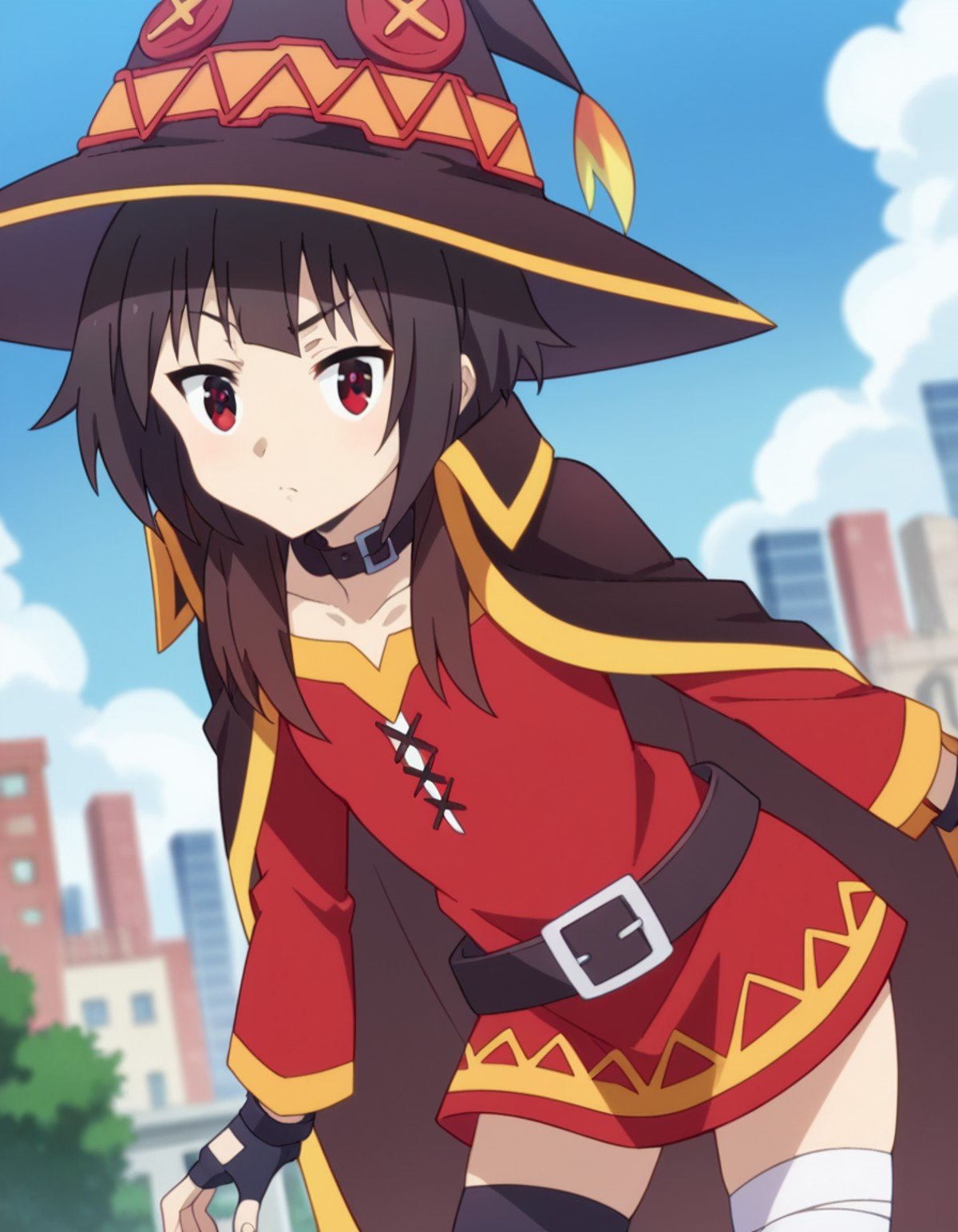 score_9, score_8_up, score_7_up, source_anime,konosubamegumin, <lora:konosuba-megumin-s2-ponyxl-lora-nochekaiser:1>,megumin, short hair, black hair, red eyes, short hair with long locks,thighhighs, gloves, hat, dress, black gloves, belt, black thighhighs, fingerless gloves, cape, collar, witch hat, bandages, red dress, single thighhigh, asymmetrical legwear, bandaged leg,outdoors, cityscape, bent over,looking at viewer, dutch angle, cowboy shot,