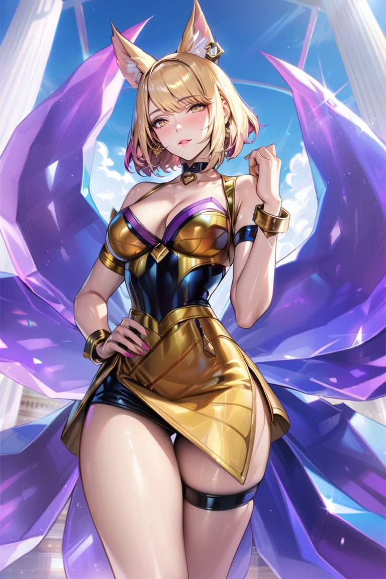 (Masterpiece), mature, HDR,UHD,8K, best quality, Highly detailed, physically-based rendering, extreme detail description, perfect skin, shiny skin, shiny hair,perfect face, 1girl, kda2, blonde hair, yellow eyes, thighighs, facial mark, animal ears, tail, choker, bare shoulders, arm straps, short hair, bracelet, jewelery, choker, multiple tails, idol, cleavage, fox ears, earrings, thighs, magenta tail, golden dress, dress,Ahri<lora:EMS-335737-EMS:0.600000>, <lora:EMS-388761-EMS:0.100000>, <lora:EMS-418641-EMS:0.800000>