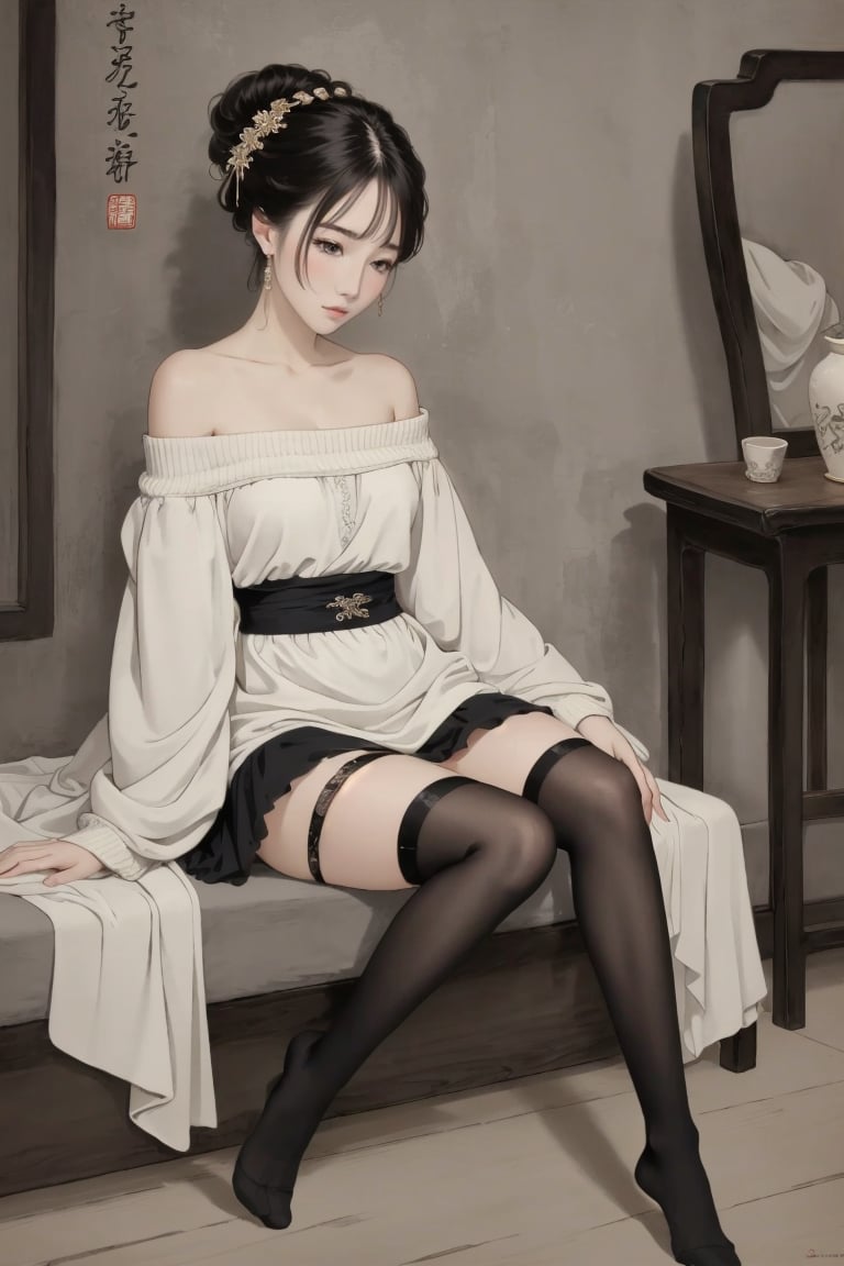 ((HRD, HUD, 8K)),((masterpiece, best quality)), highly detailed, soft light,InkAndWash, 1girl, solo, off-shoulder sweater, thighhighs, chinese text, black hair, sitting, full body, black thighhighs, earrings, hair ornament, hair bun, single hair bun, <lora:20240415-1713175931242:0.8>