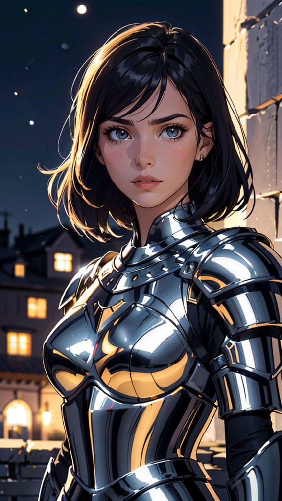 Portrait of a girl, the most beautiful in the world, (medieval gold armor), metal reflections, upper body, outdoors, intense moonlight, far away castle, professional photograph of a stunning woman detailed, perfect bobbed sexy intense black hair, sharp focus, dramatic, award winning, cinematic lighting, volumetrics dtx, (film grain, blurry background, blurry foreground, bokeh, depth of field, perfect night, interaction, Perfect chainmail), (masterpiece), (extremely intricate:1.3), (realistic), HDR+