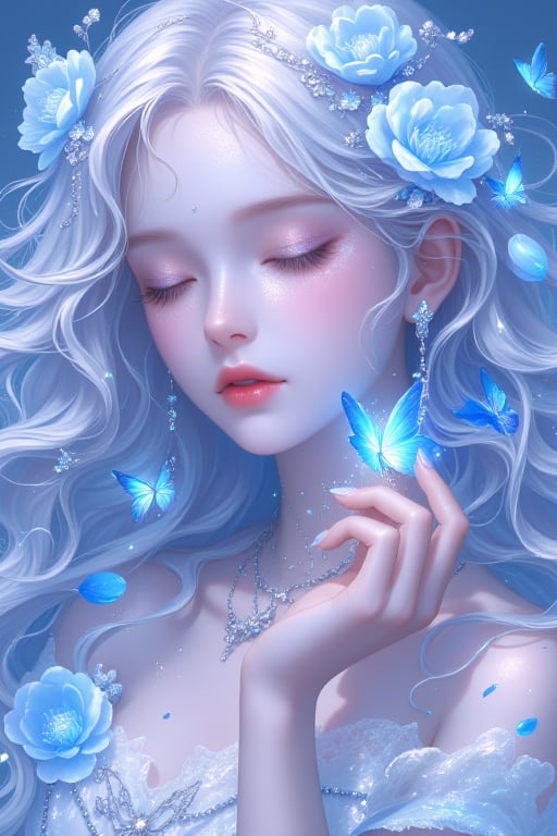 A serene fantasy scene featuring a girl with ethereal white hair,adorned in delicate blue flowers and surrounded by sparkling water droplets.,