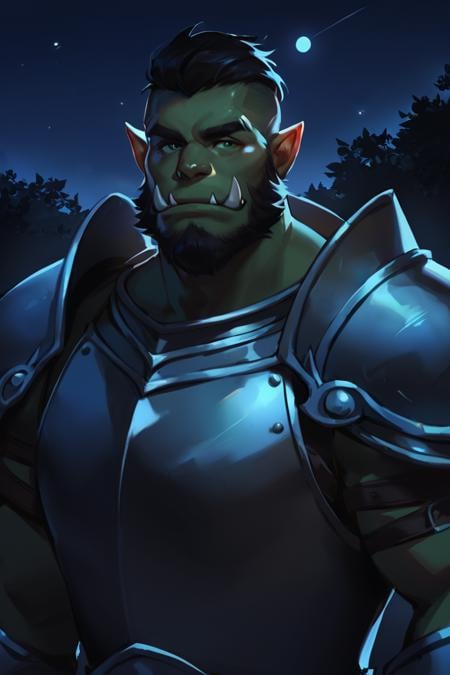 score_9, score_8_up, score_7_up, dark theme, low light, solo, male focus, mature male, orc, green skin, tusks, beard, outdoors, armor, looking at viewer, shoulder armor, breastplate, upper body, closed mouth, pauldrons, night, night sky, standing  <lora:Smooth Anime Night Style SDXL_LoRA_Pony Diffusion V6 XL:1>