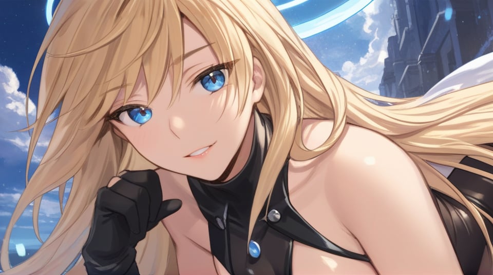 (best quality), ((masterpiece)), (highres), illustration, original, extremely detailed,   <lora:恩佩西斯的闪光:0.7>1girl, solo, long hair, gloves, blue eyes, blonde hair, halo, fingerless gloves, leotard, breasts, elbow gloves, black gloves, very long hair, looking at viewer, small breasts, hair between eyes, bare shoulders