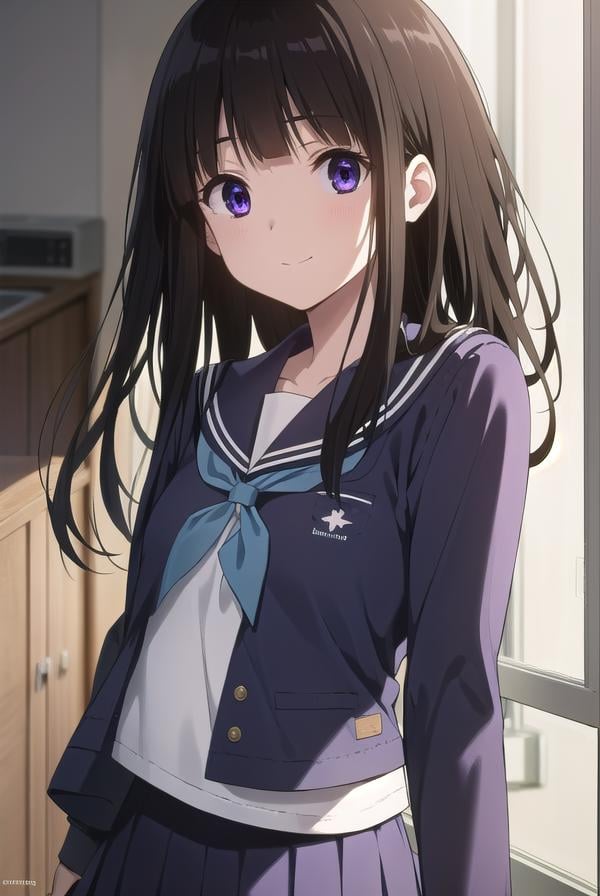 eruchitanda, <lora:eru chitanda s1-lora-nochekaiser:1>,eru chitanda, long hair, black hair, bangs, blunt bangs, (purple eyes:1.1), sidelocks, smile,BREAK skirt, school uniform, serafuku, kamiyama high school uniform \(hyouka\), black skirt, long sleeves, black sailor collar,BREAK indoors, classroom,BREAK looking at viewer, (cowboy shot:1.5),BREAK <lyco:GoodHands-beta2:1>, (masterpiece:1.2), best quality, high resolution, unity 8k wallpaper, (illustration:0.8), (beautiful detailed eyes:1.6), extremely detailed face, perfect lighting, extremely detailed CG, (perfect hands, perfect anatomy),