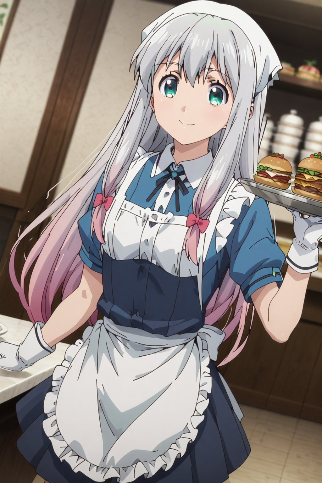 koizumi yogiri, long hair, grey hair, aqua eyes, grey hair, pink hair, multicolored hair,1girl, solo, smile, apron, blue shirt, blue skirt, frilled apron, frills, gloves, head scarf, shirt, short sleeves, skirt, uniform, waist apron, waitress, white apron, white gloves, food, tray, food tray, indoors, restaurant, looking at viewer, dutch angle, cowboy shot,masterpiece, perfect face, best quality, beautiful girl, blurry background, cute girl, beautiful eyes, shiny eyes, anime coloring, anime screencap, absurdres, <lora:koizumi yogiri anim:0.8>