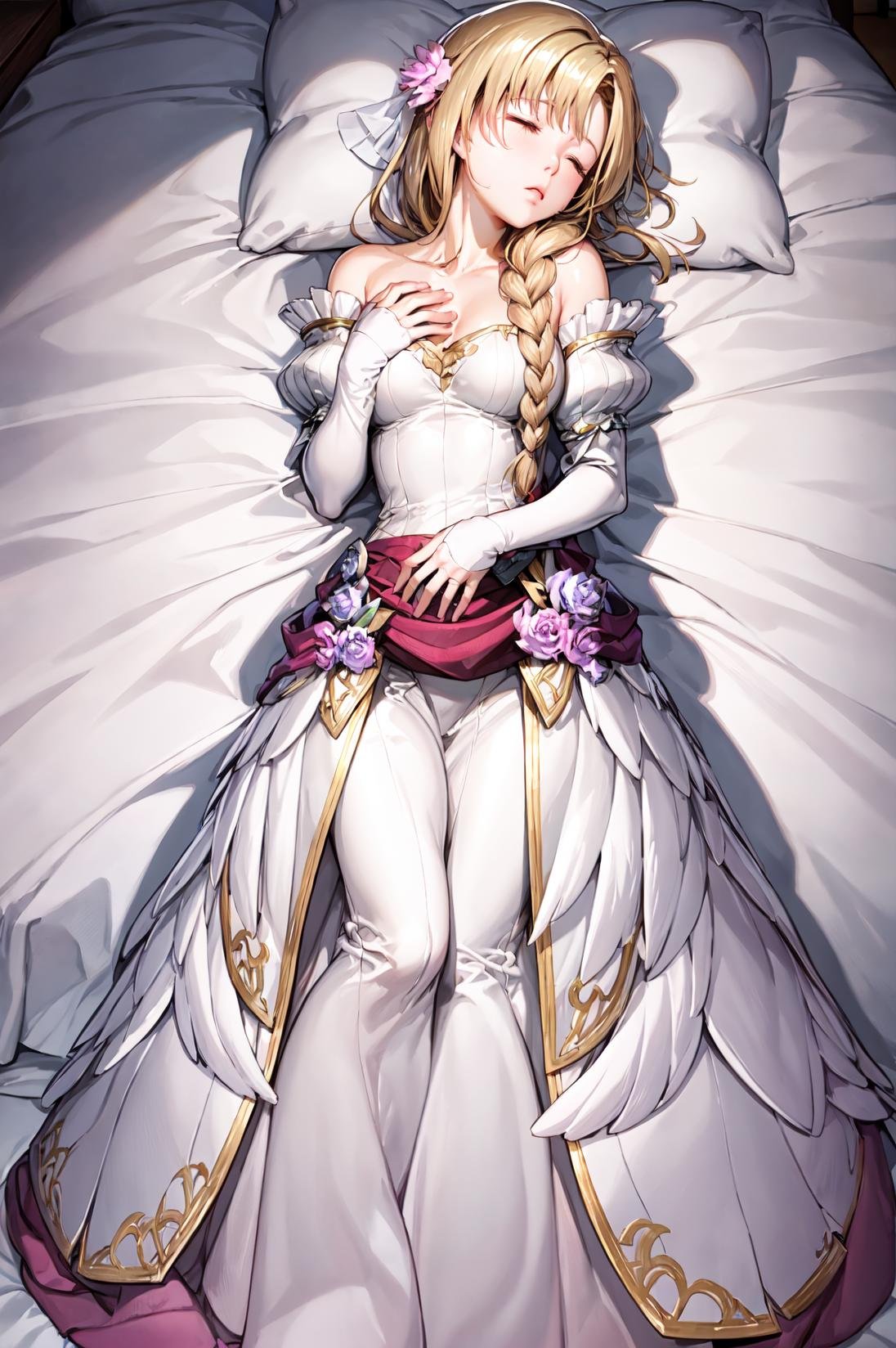 (sleeping on bed:1.3),<lora:louiseV1:0.8>, wed_louise,full body,white glove,dress,brooch、 flower, white dress, long dress,wedding dress, bare shoulders, single braid, bridal gauntlets, strapless dress,  hair over shoulder, strapless,hand on own chest,chapel,(masterpiece, best quality, ultra-detailed, best shadow) ,