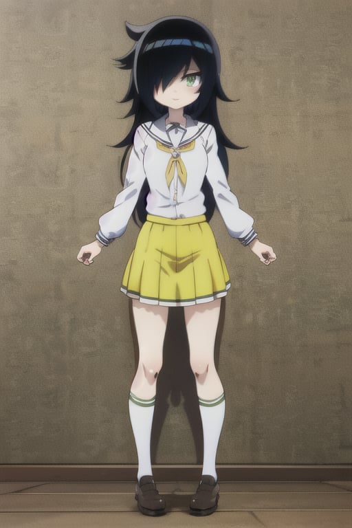 (masterpiece, best quality), vtuber-fullbody, tomoko-kuroki, yellow school uniform, long yellow skirt, full body, (white backgound), <lora:vtuber-poses-05:1>, <lora:tomoko-kuroki-v2-2:0.8>