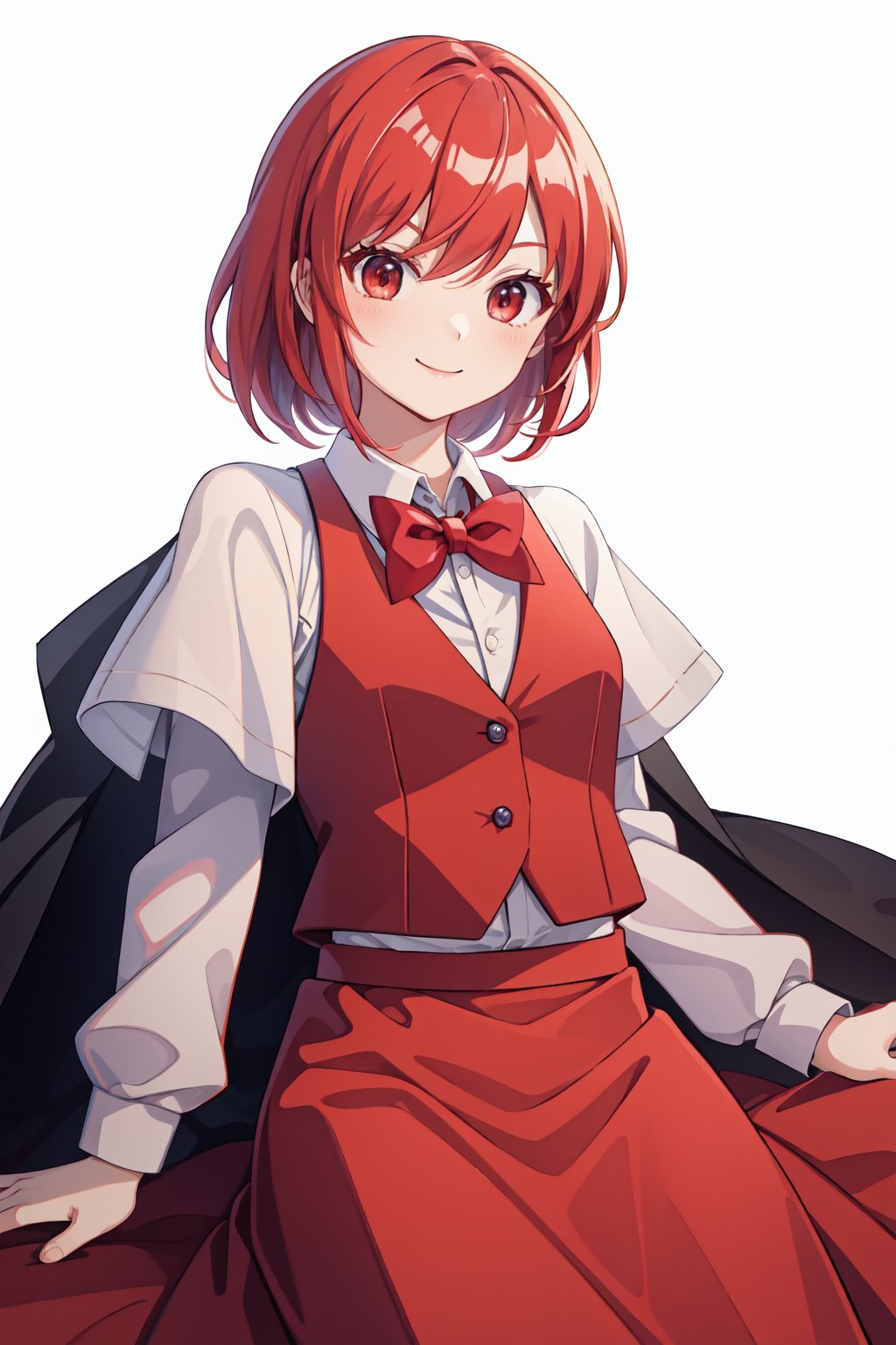 masterpiece,best quality, highly detailed, okazaki yumemi,1girl,red capelet,solo,red bowtie,red vest,red skirt,looking at viewer,long sleeves,white shirt,smile<lora:okazaki_yumemi:1>,simple background,white background